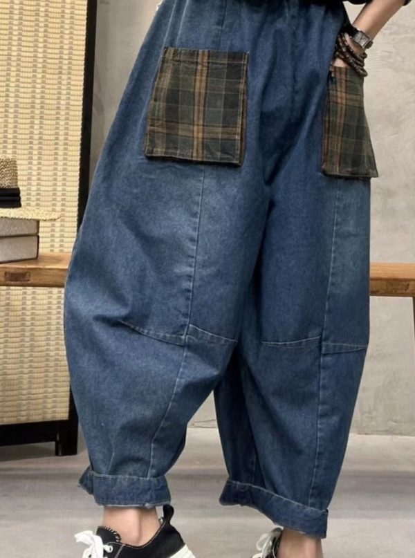 Casual Wide Leg Crop Jeans With Plaid Pockets
