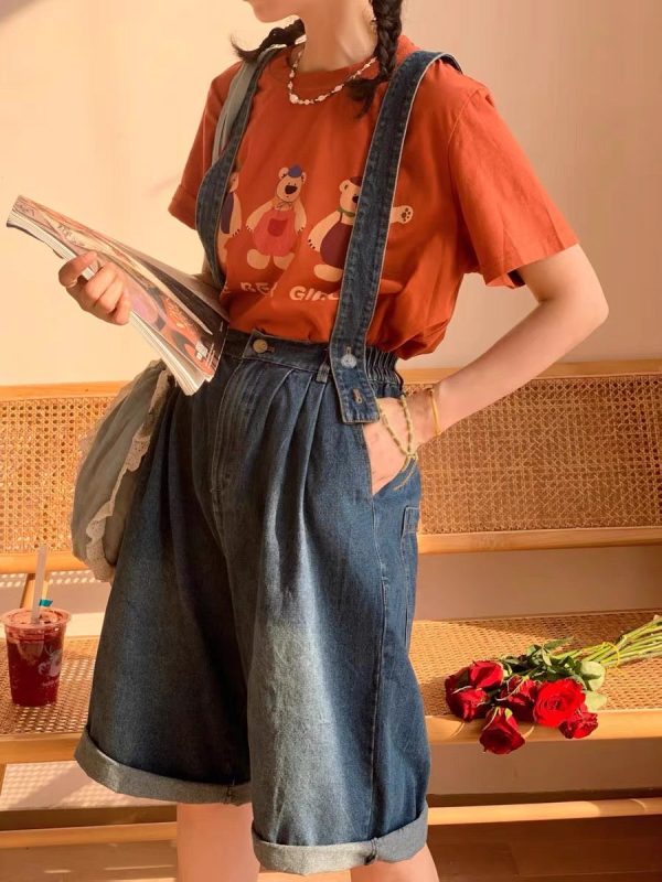 Adjustable Strap Denim Pinafore Shorts